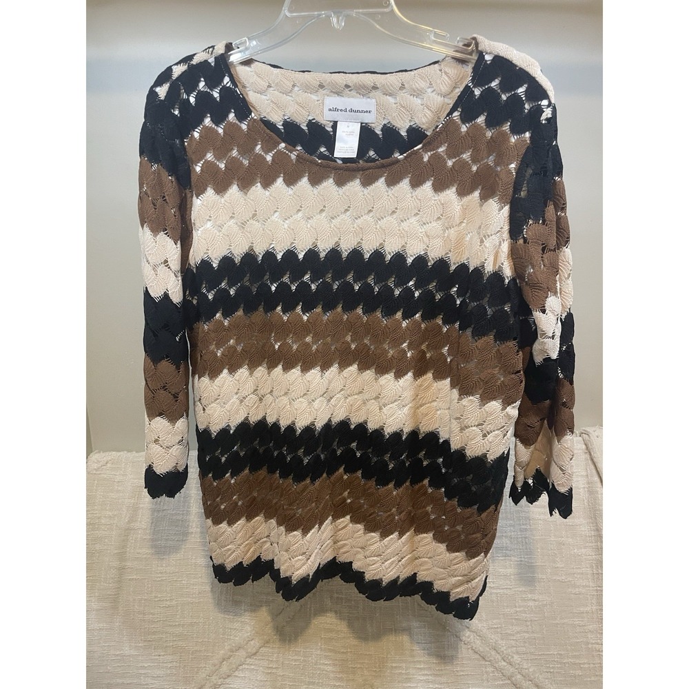 Alfred Dunner Rue Rivoli Tri-Color Chevron Lace Pattern 3/4 Sleeve Knit Top Sz M
